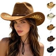 thumbnail image 1 of Hats for Women Unisex Western Cowboy Wide Brim Embroidered Riding Jazz Fedora Coffee One Size, 1 of 7