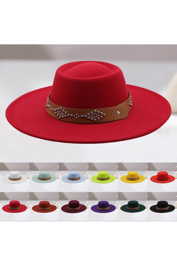 Hats for Women Unisex Wide Brim Studded Belt Wool Cowboy Hat Winter Warm Brick Red One Size