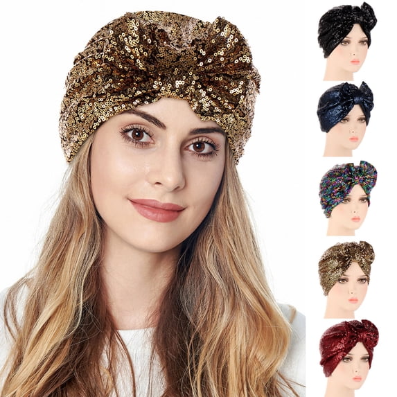 Hats for Women Women Turban Bow Sequins Hair Bonnet Head Scarf Wrap One Size