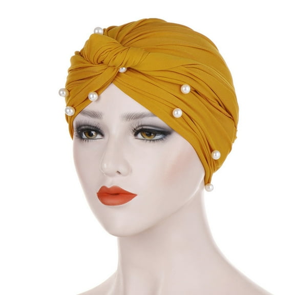 Hats for Women, Yellow Muslim Ruffle Beading Hat Turban Cap Pearl Women Wrap Caps, Womens Hats, One Size, Womens Hat, Summer Hats for Women