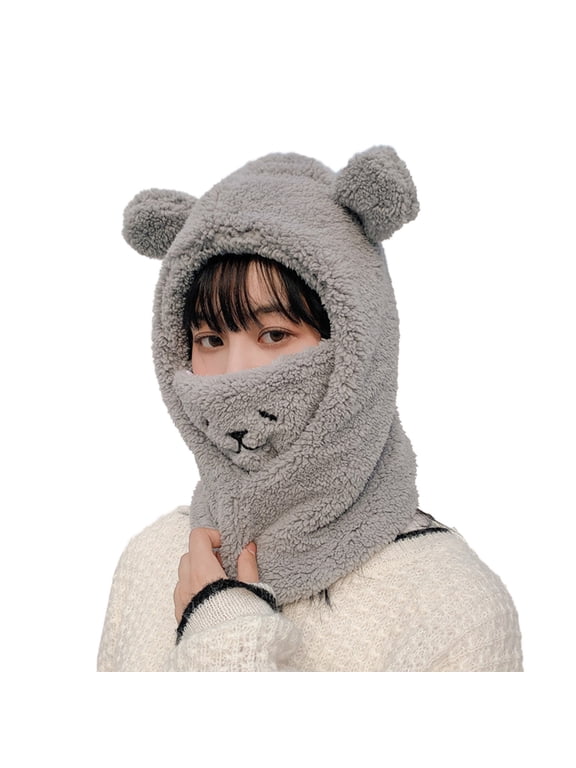Hats for women Winter Windproof Ski Hat Fleece Neck Cover Cartoon Bear Ear Face Guard Headwear
