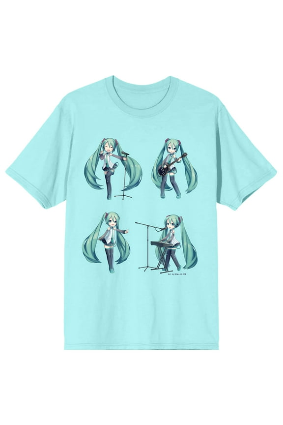 Hatsune Miku Band Design Crew Neck Short Sleeve Celadon Women's T-shirt-3XL