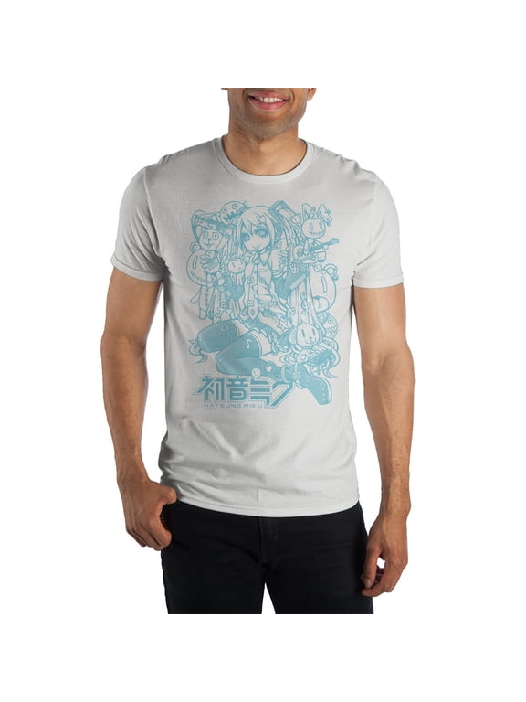 Hatsune Miku Blue Line Art Crew T-Shirt, Vocaloid Star with Cute Animals Accessory Stylish-Large