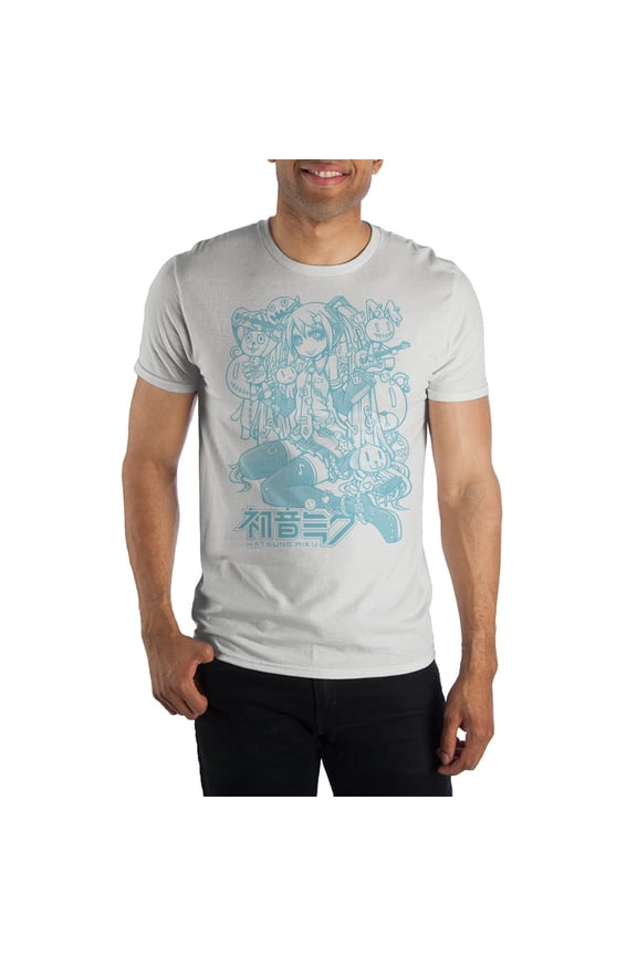 Hatsune Miku Blue Line Art Crew T-Shirt, Vocaloid Star with Cute Animals Accessory Stylish-Small