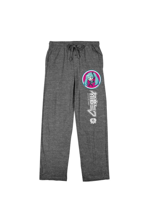 Hatsune Miku Character Head & Logo Men's Gray Heather Sleep Pajama Pants-XL