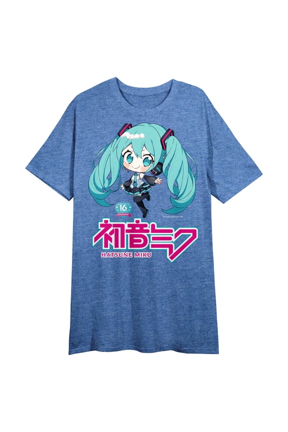 Hatsune Miku Character & Kanji Crew Neck Short Sleeve Blue Heather Women's Night Shirt-Medium