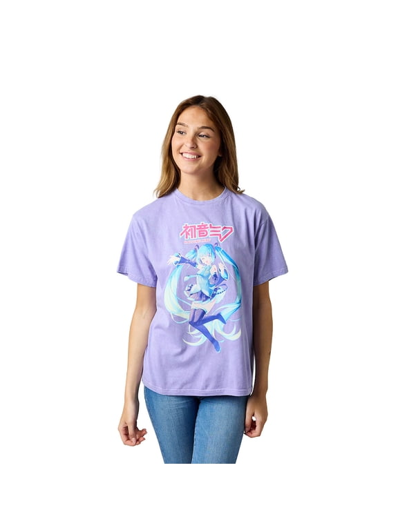 Hatsune Miku Character Logo Women's Purple Mineral Wash Crew Neck Short Sleeve T-shirt-XL