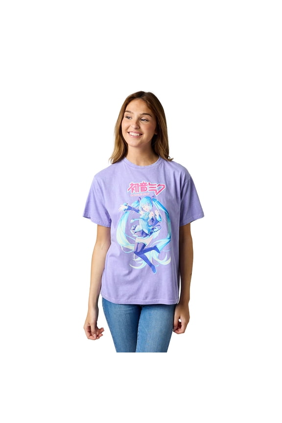 Hatsune Miku Character Logo Women's Purple Mineral Wash Crew Neck Short Sleeve T-shirt-XL