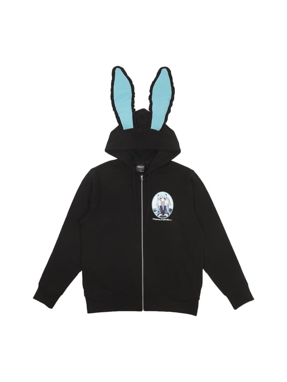 Hatsune Miku Character & Logon Women's Black Long Sleeve Zip Hooide With Cosplay Bunny Ears-XL