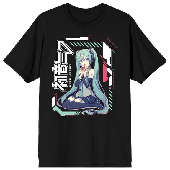 Hatsune Miku Futuristic Patterns Adult Black Crew Neck Short Sleeve T-shirt-XL