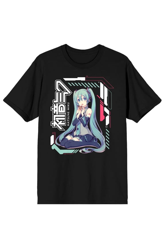 Hatsune Miku Futuristic Patterns Adult Black Crew Neck Short Sleeve T-shirt-XL