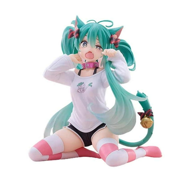 Hatsune Miku Model Anime Girl Figures Cat Ear Sitting Posture Short Sleeved Pajamas Figurines Car Decoration Doll Kids Toys Gift