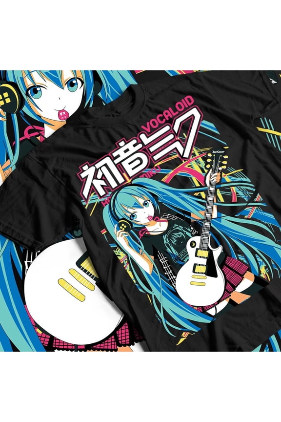 Hatsune Miku Rocker Diva Vocaloid Guitarist Graphic Tee, Black Cotton Unisex T-Shirt