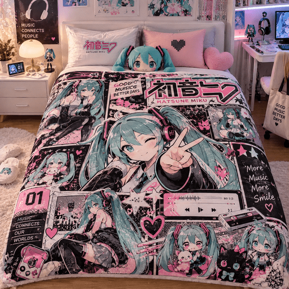 Hatsune Miku Vocaloid Anime Flannel Blanket, Kawaii Music Character Artwork Collage Throw