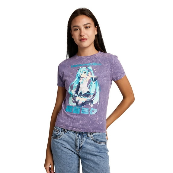 Hatsune Miku Teal Kanji Women's Purple Mineral Wash Crew Neck Short Sleeve Cropped Baby Tee-XXL