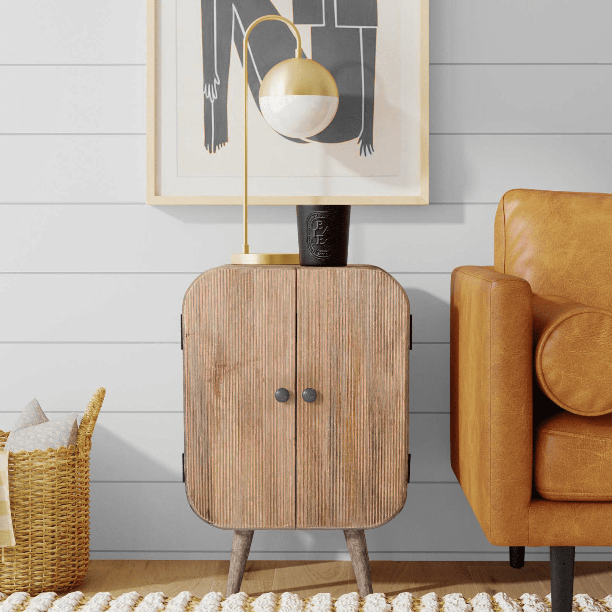 Natural Brown Mango Wood Mid-Century Accent Cabinet