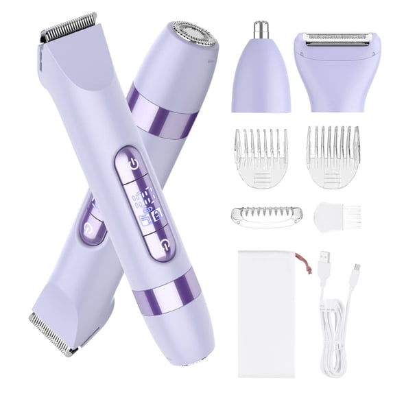 Hatteker 4-in-1 Women's Electric Shaver, Dual-Head Body Hair Trimmer for Women, IPX7 Waterproof Rechargeable Bikini Trimmer & Facial Hair Remover for Legs, Armpits, Face, Nose, Eyebrows, Purple