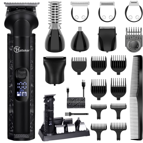 Hatteker 8-in-1 Beard Trimmer Multi-Functional Grooming Kit for Men Hair Clipper Precision Trimmer Nose Ear Trimmer Body Groomer Zero-Gap T-Blade, IPX7 Waterproof Cordless Trimmer Set Black