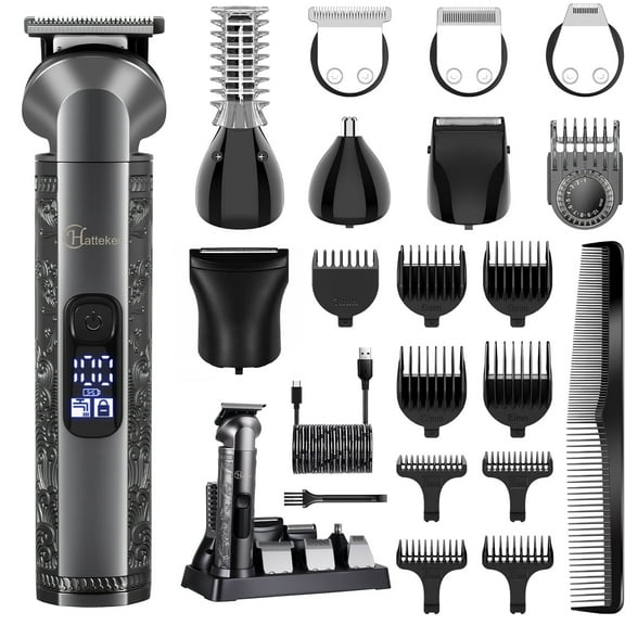 Hatteker 8-in-1 Beard Trimmer Multi-Functional Grooming Kit for Men Hair Clipper Precision Trimmer Nose Ear Trimmer Body Groomer Zero-Gap T-Blade, IPX7 Waterproof Cordless Trimmer Set Gray