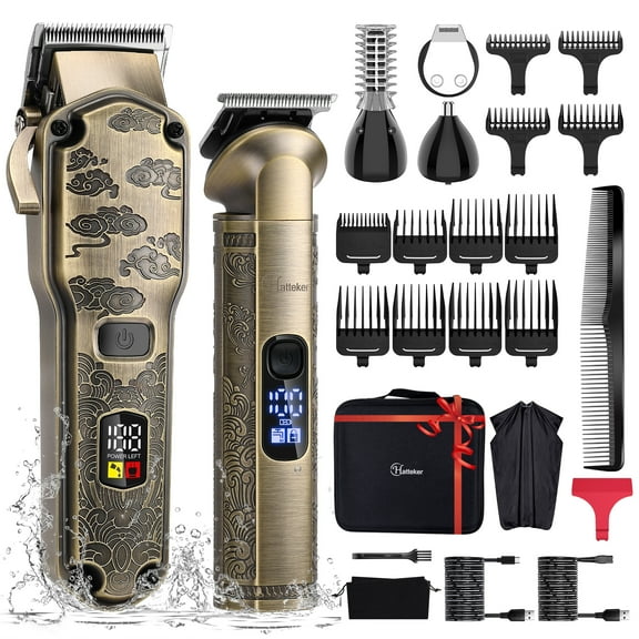 Hatteker Professional Hair Clippers + 4 in 1 Beard Trimmer for Men Clippers and Trimmer Set T-Blade Trimmer Cordless Grooming Kit Nose Body Hair Trimmer Barber Clippers Hair Cutting Kit Bronze