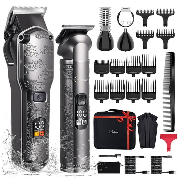 Hatteker Professional Hair Clippers + 4 in 1 Beard Trimmer for Men Clippers and Trimmer Set T-Blade Trimmer Cordless Grooming Kit Nose Body Hair Trimmer Barber Clippers Hair Cutting Kit Grey
