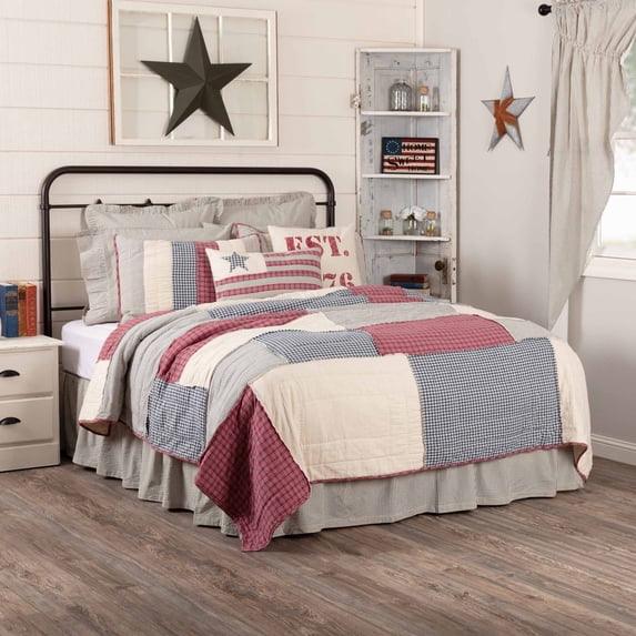VHC Brands Hatteras Patch Patchwork Flax Cotton Linen Blend Bedding Pre-Washed Square Queen Quilt, 94x94, Americana Red