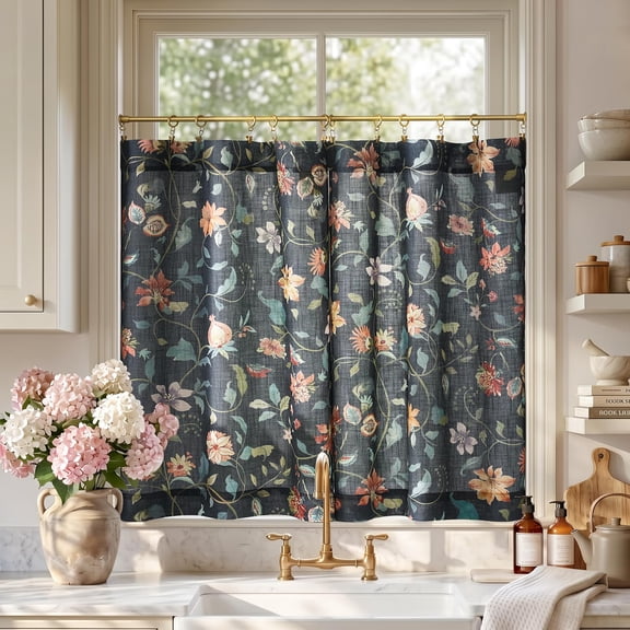 Hattie Floral Linen Kitchen Curtains 36 Inch Length Vintage Cottage Core Farmhouse Cafe Light Filtering Small Window Drapes For Living Room Bathroom Rod Pocket 2 Panels Dark Blue