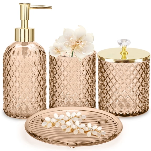 Haturi 4-Piece Amber Brown Glass Bathroom Accessories Set, Diamond Pattern Vanity Organizer with Soap Dispenser, Toothbrush Holder, Q-tip Jar, and Tray