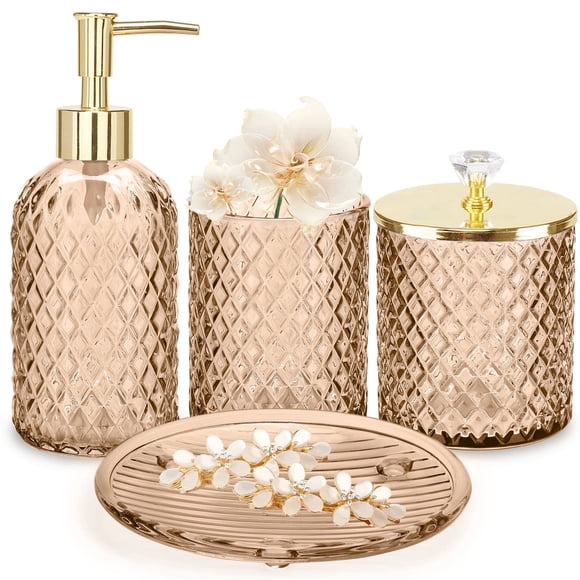 Haturi 4-Piece Amber Brown Glass Bathroom Accessories Set, Diamond Pattern Vanity Organizer with Soap Dispenser, Toothbrush Holder, Q-tip Jar, and Tray