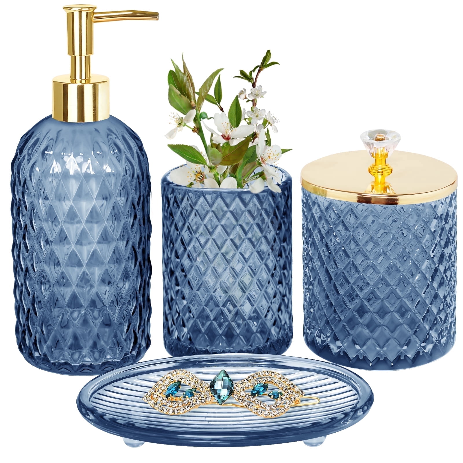 Haturi 4-Piece Blue Glass Bathroom Accessories Set, Luxury Diamond Cut Vanity Set with Soap Dispenser, Toothbrush Holder, Swab Jar, and Tray