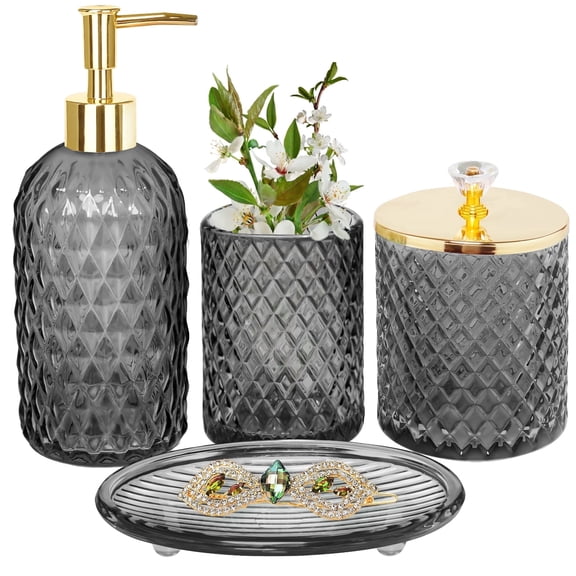 Haturi 4-Piece Gray Glass Bathroom Accessories Set with Gold Accents, Modern Diamond Texture Soap Dispenser, Toothbrush Holder, Jar, and Tray