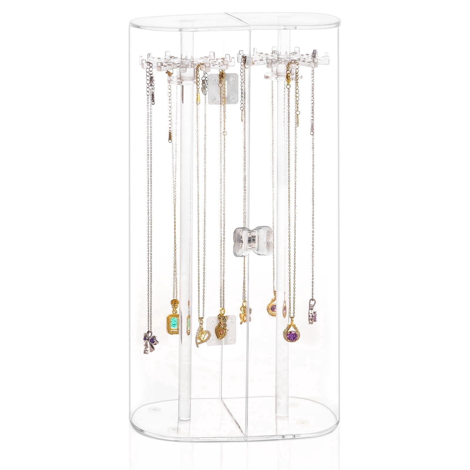 Haturi Acrylic Necklace Holder, Clear Necklace Organizer with 24 Hooks, Dustproof Rotation Jewelry Storage Holder Stand, Long Necklaces Pendant Bracelets Display Case