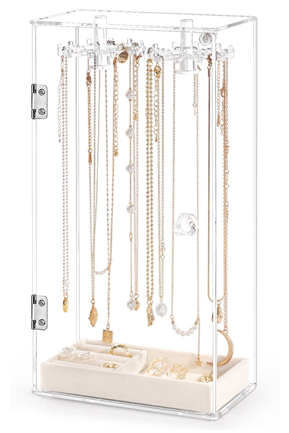 Necklace Holder, Acrylic Jewelry Organizer with 24 Hooks, Rotation Clear Necklaces Pendant Display Case Stand, Dust-proof Velvet Tray Hanging Rack Storage for Earrings Rings