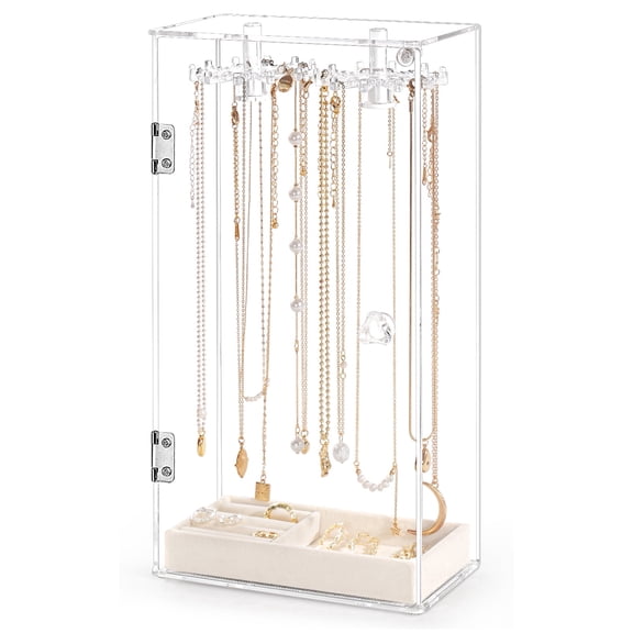 Haturi Necklace Holder, Acrylic Jewelry Organizer with 24 Hooks, Rotation Clear Necklaces Pendant Display Case Stand, Dust-proof Velvet Tray Hanging Rack Storage for Earrings Rings