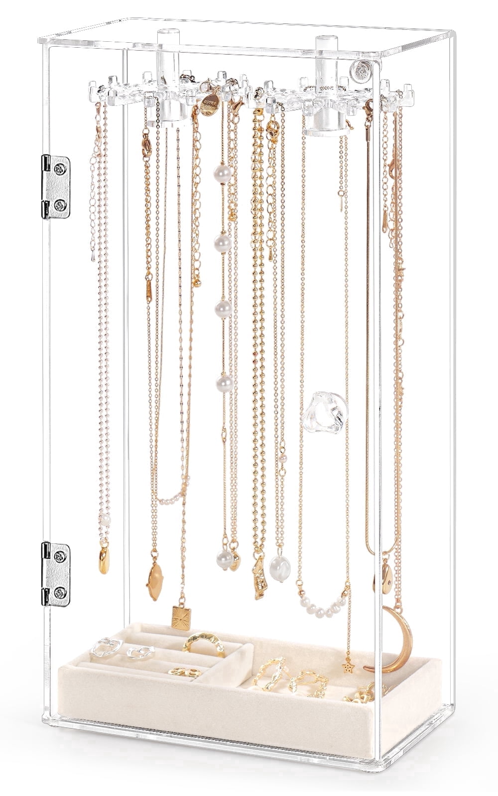 Haturi Necklace Holder, Acrylic Jewelry Organizer with 24 Hooks, Rotation Clear Necklaces Pendant Display Case Stand, Dust-proof Velvet Tray Hanging Rack Storage for Earrings Rings