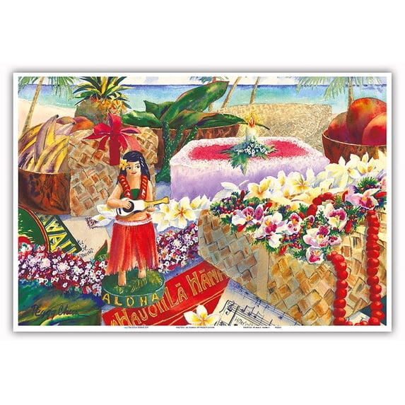 Hau’oli La Hanau (Happy Birthday) - Hawaiian Beach Birthday Party - From an Original Hawaii Watercolor Painting by Peggy Chun - Master Art Print (Unframed) 13in x 19in