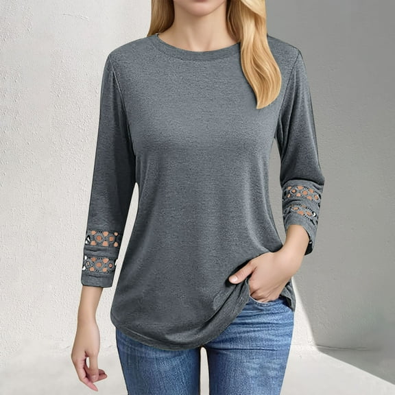 Hauaitttt 3/4 Length Sleeve Womens Tops Crewneck Lace Tunic Business Casual Dressy Blouses Spring Trendy Clothes Womens Casual Work Tops Womens Tee Shirts Loose Fit Long Sleeve Shirt Women New Day