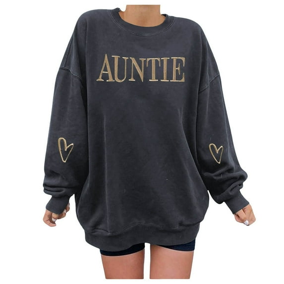 Hauaitttt Aunt Sweatshirt Auntie Embroidered Sweatshirt Auntie Letter Print Long Sleeve Pullover Top for Aunt Full Zip Athletic Sweatshirt Womens Sweatshirt Lined Hoodies for Women Bohemian Sweaters