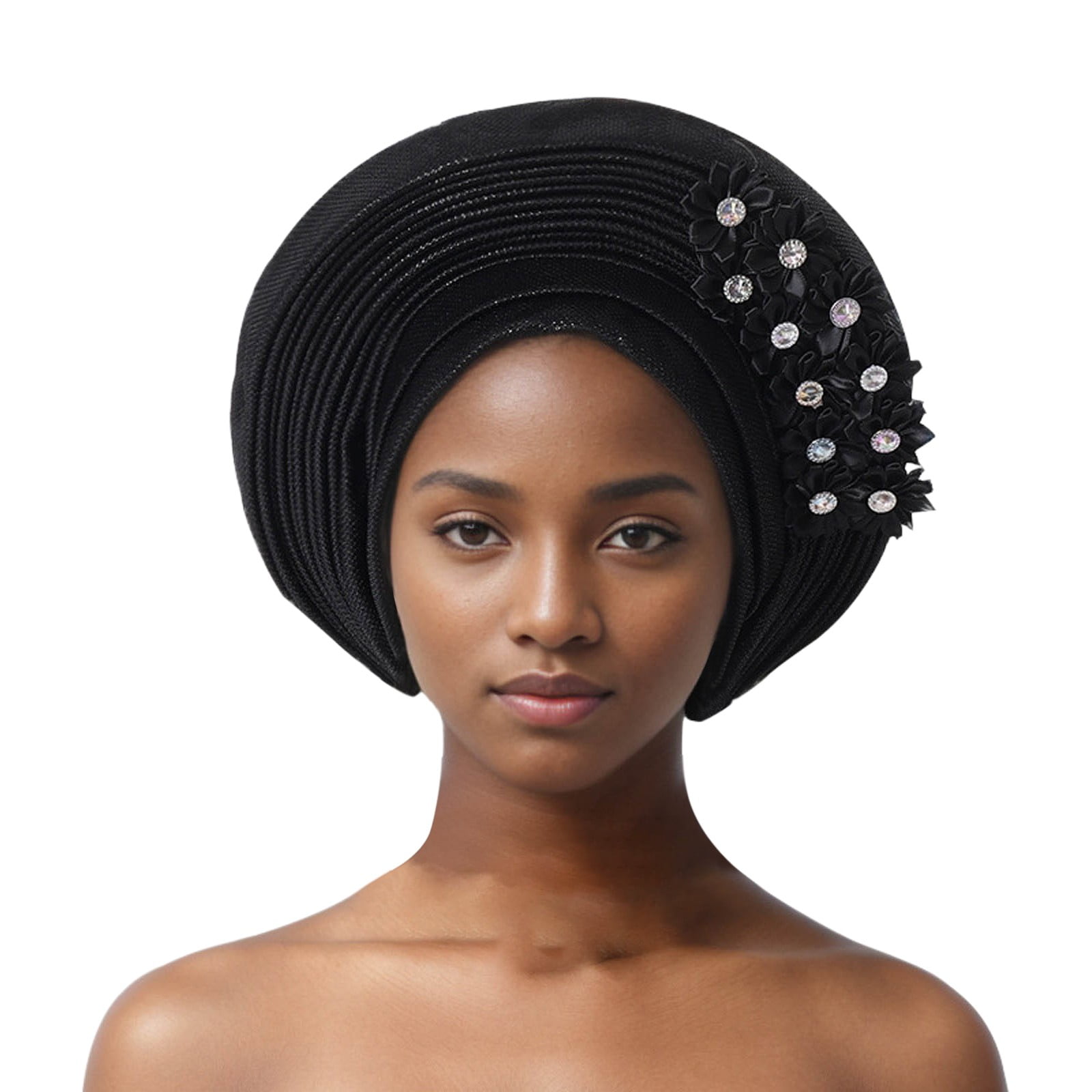 Multi-Layer Bowknot Turban Cap For Women - Glitter Fabric African Head Wrap, Black, One Size
