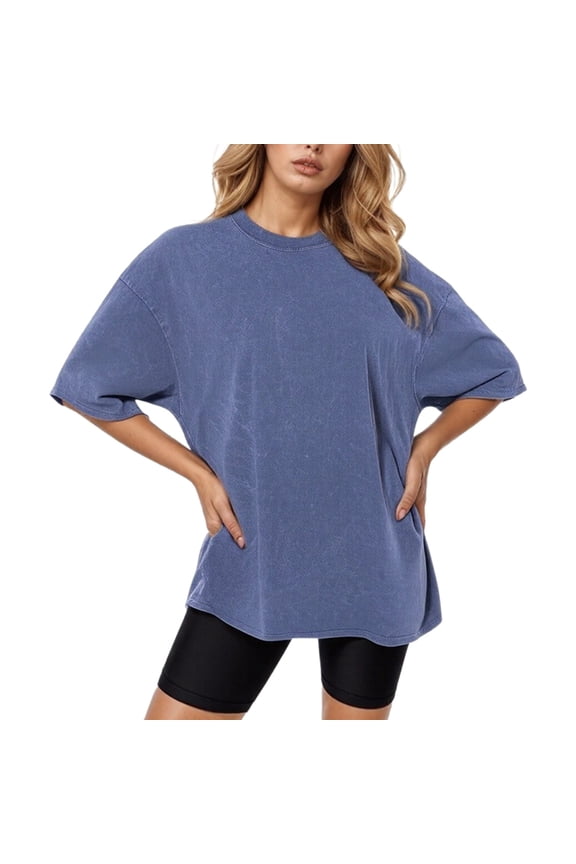 Casual Women's T Shirts for Everyday Wear Classic Round Neck Short Sleeve with Vintage Wash Perfectly Pairs with Jeans for Spring and Summer Violet Shirt Workout Clothes Set Shirt for Women
