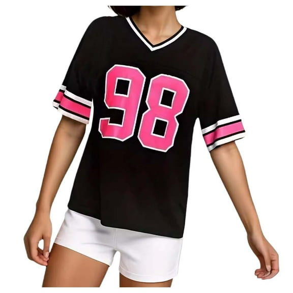 Hauaitttt Color Block Sleeve Oversized T Shirt with Sports Number Print for Women Casual Football Top Tech Stretch Womens Graphic Long Sleeve T Shirts Raglan Shirts for Women Shirts for Women Casual
