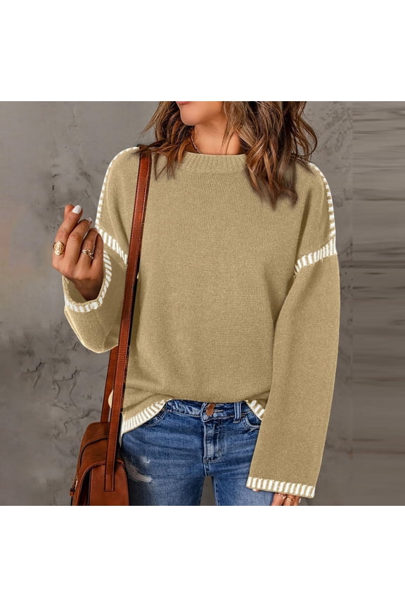 Cozy Women Fall Winter Solid Color Knit Sweater with Color Block Design Long Sleeve Crew Neck Pullover Top Shadow Sweatshirt Sweatshirts for Men Retro Pullover Sweaters for Women Athletic