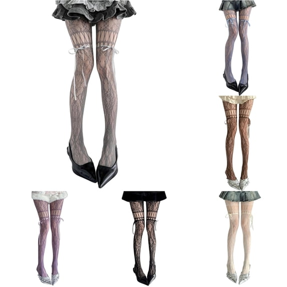 Hauaitttt Cute Bow Tie Lace Floral Patterned Tights Hollow Out Fishnet Pantyhose Textu Tights for Women