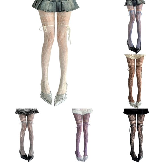 Hauaitttt Cute Bow Tie Lace Floral Patterned Tights Hollow Out Fishnet Pantyhose Textu Tights for Women