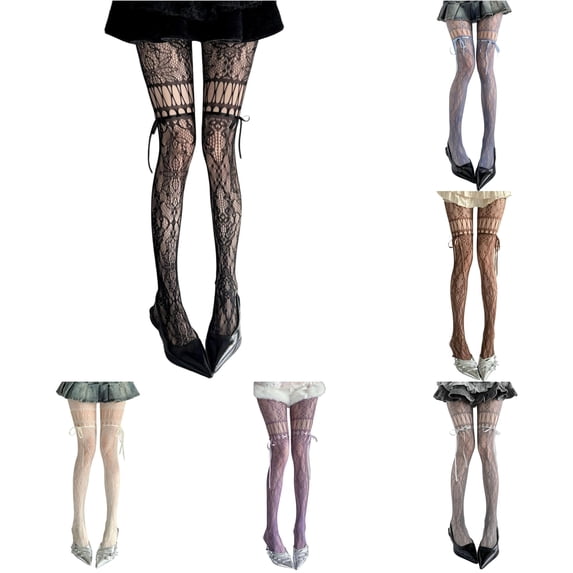 Hauaitttt Cute Bow Tie Lace Floral Patterned Tights Hollow Out Fishnet Pantyhose Textu Tights for Women