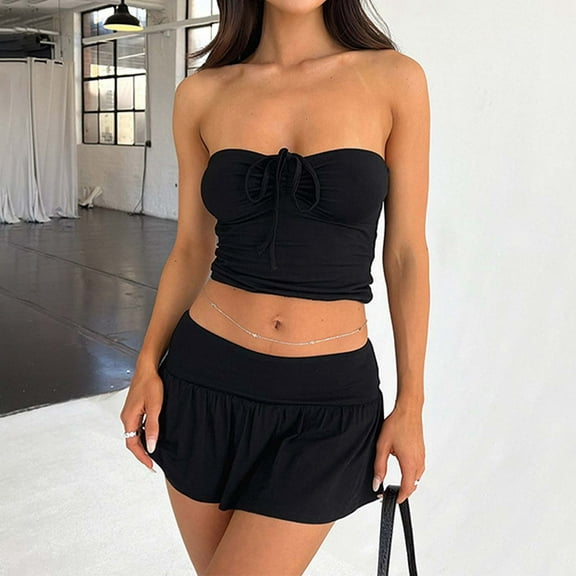 Hauaitttt Elegant Two Piece Set for Women Sleeveless Strapless Top with Pleated High Low Double Layer Skirt Outfit Board Shorts Suit Womens Bathing Suit Bottom Summer Beach Dress Cover Ups for