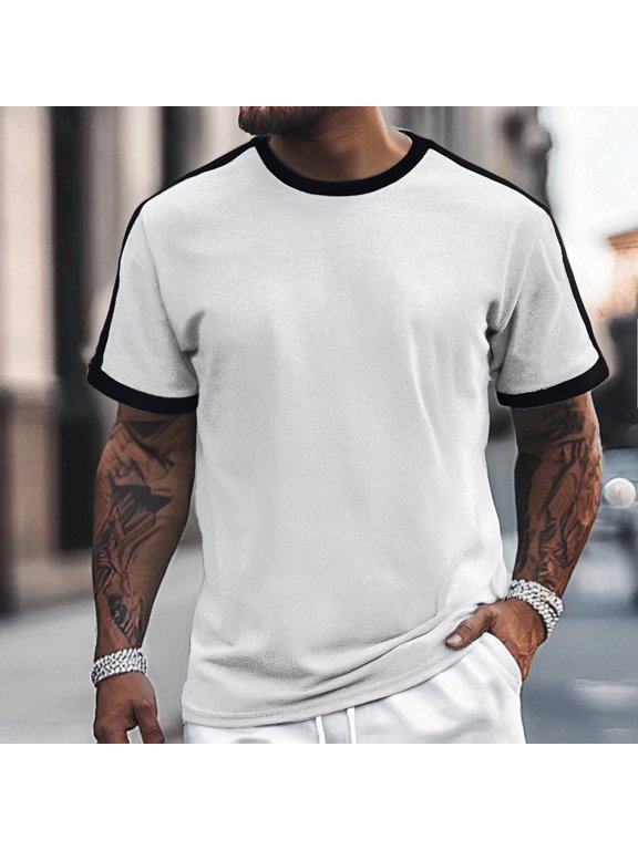 European Solid Color Vertical Color Blocked Top for Men Casual Loose Comfortable Business Foreign Trade Round Neck Short Sleeved T Shirt Man Shirts for Men V Neck T Shirts Blank Tee