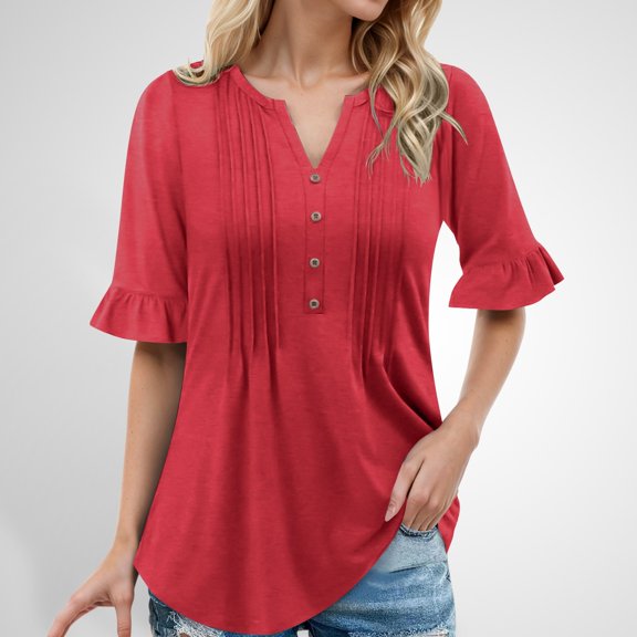 Hauaitttt A Fashionable Casual Loose V Neck Button Down Pleated Five Quarter Sleeve Solid Color T Shirt for Ladies Long Sleeve Cheer Shirt Loose Fit Womens Summer Shirts Womens T Shirts Multiple Pack