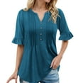 thumbnail image 1 of Hauaitttt A Fashionable Casual Loose V Neck Button Down Pleated Five Quarter Sleeve Solid Color T Shirt for Ladies Dark Shirt for Women Casual Short Sleeve Tops Women Shirt of Women Tunics for Women, 1 of 6