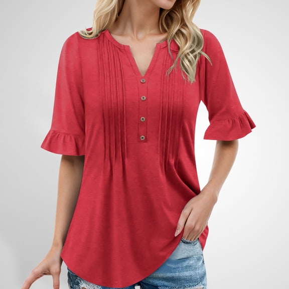 A Fashionable Casual Loose V Neck Button Down Pleated Five Quarter Sleeve Solid Color T Shirt for Ladies Summer Shirts for Women Lose Women Shirts V Neck Tee Graphic Compression Shirt Women